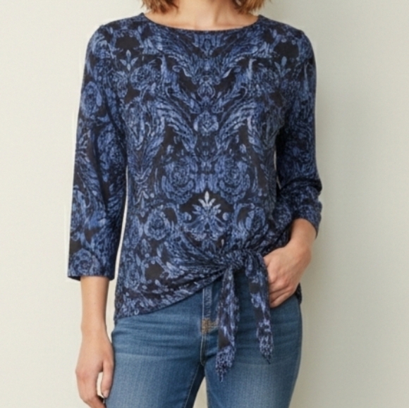 Belle by Kim Gravel Tops - Belle Kim Gravel Pullover Top Tie Waist 3/4 Sleeve Black Heather Blue Rose Motif